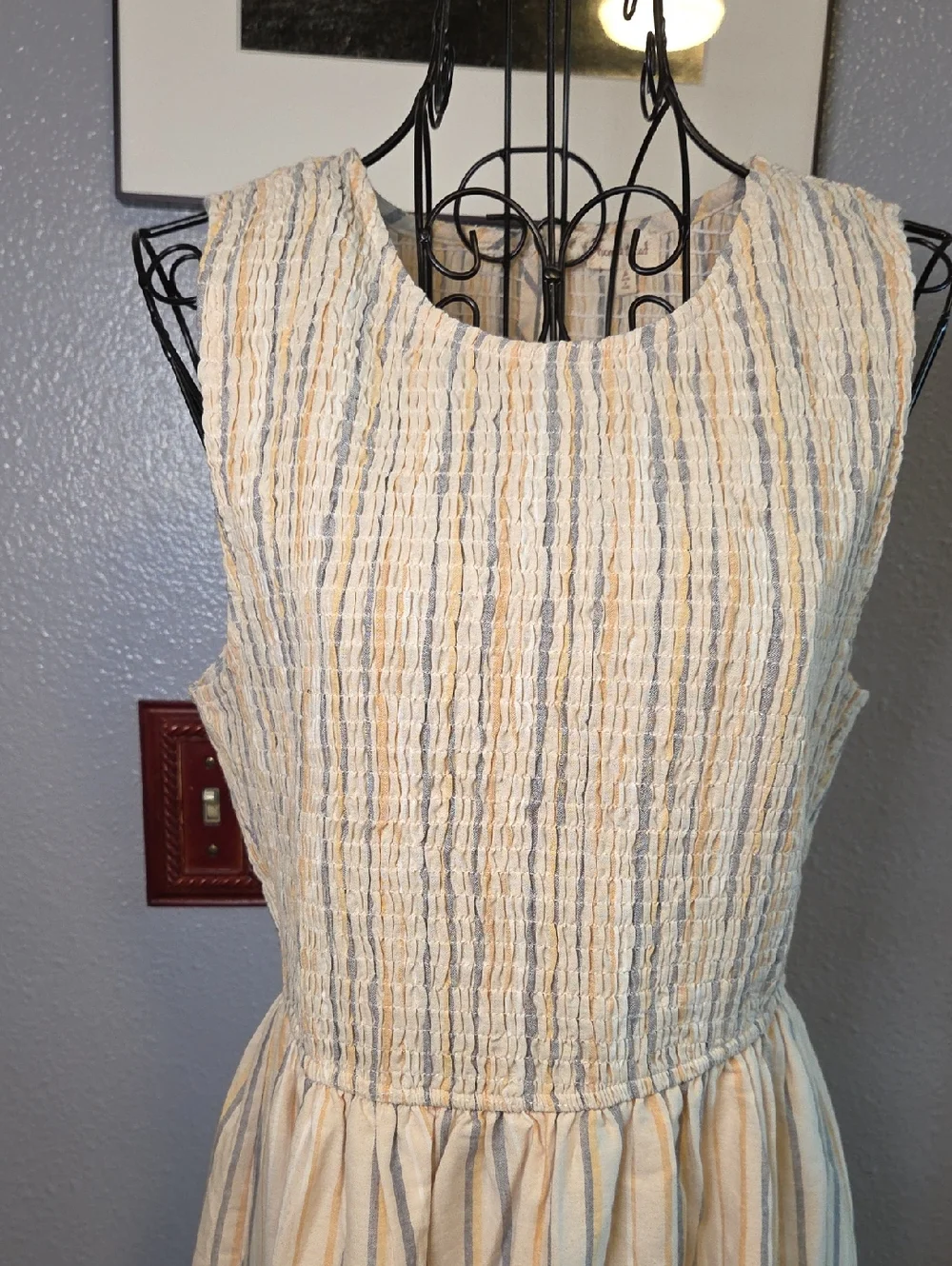 Allie Smocked Mixed Stripe Sleeveless Cotton Ruffled Midi Dress - Picture 4 of 7